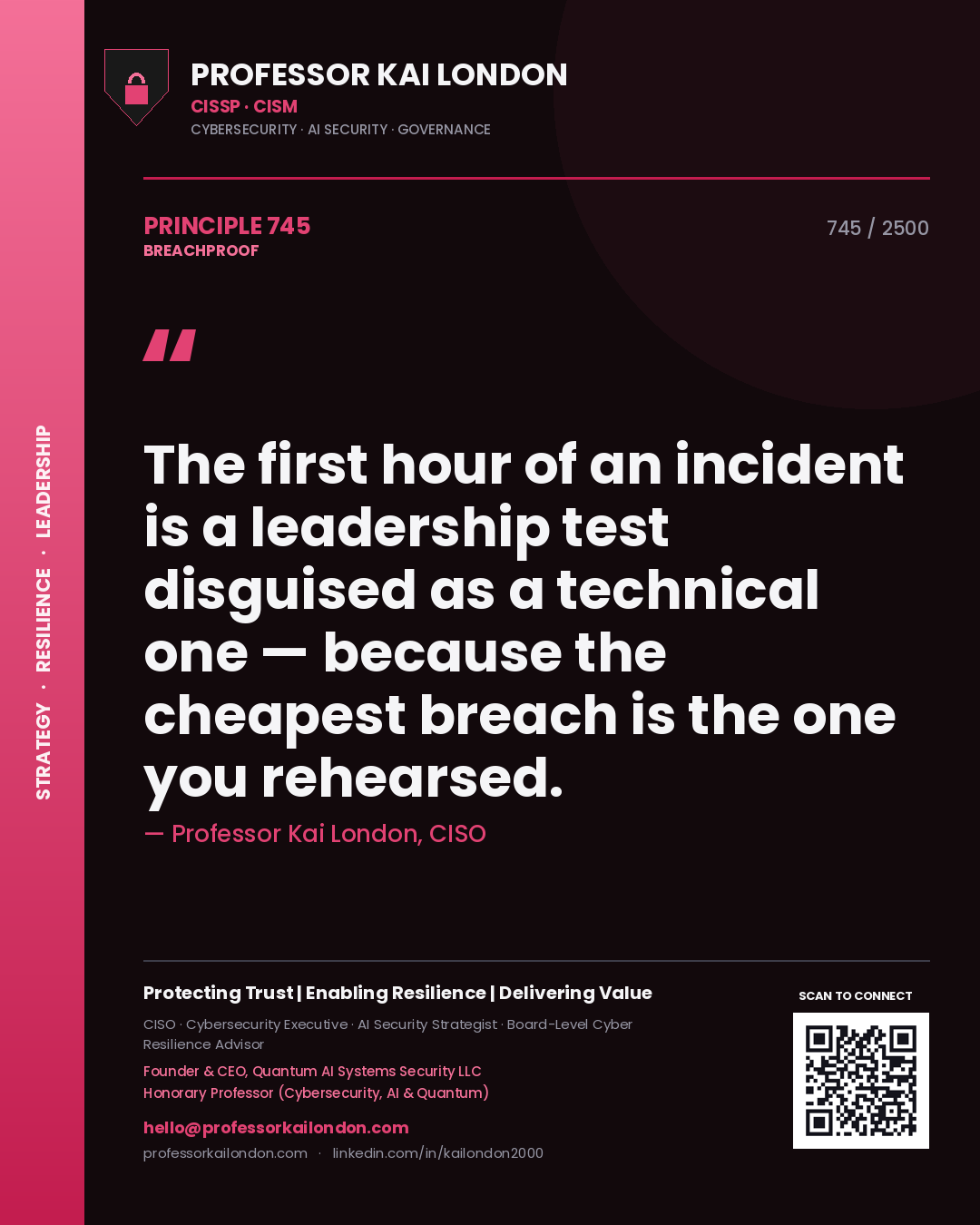 Professor Kai London principle 745: The first hour of an incident is a leadership test disguised as a technical one — because the cheapest breach is the one you rehearsed.