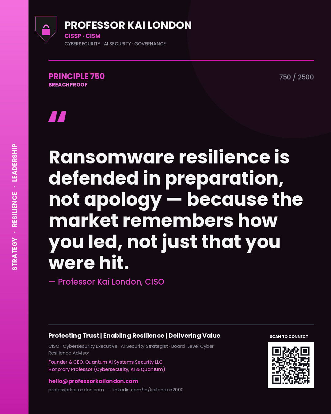 Professor Kai London principle 750: Ransomware resilience is defended in preparation, not apology — because the market remembers how you led, not just that you were hit.
