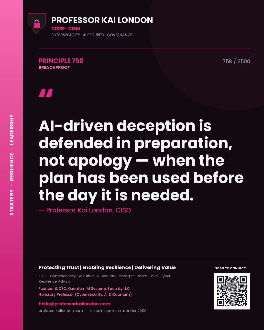 Professor Kai London principle 758: AI-driven deception is defended in preparation, not apology — when the plan has been used before the day it is needed.