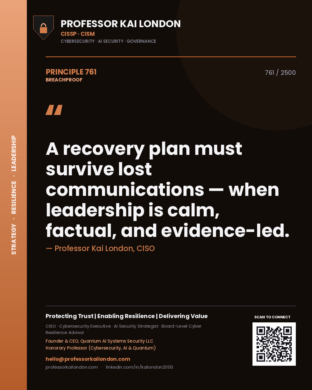 Professor Kai London principle 761: A recovery plan must survive lost communications — when leadership is calm, factual, and evidence-led.