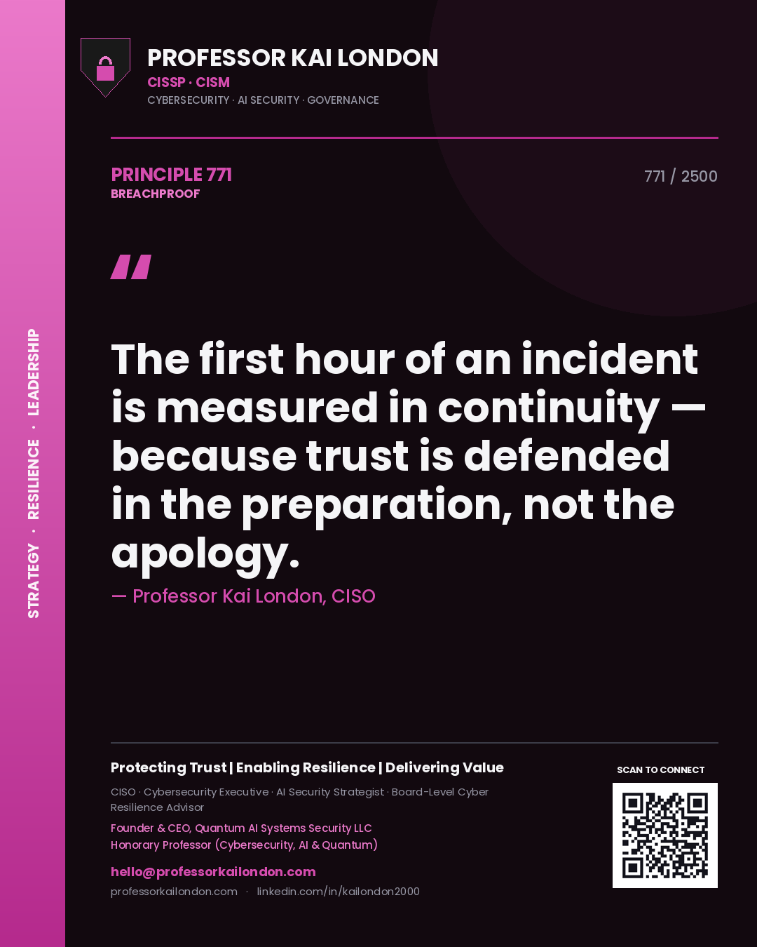 Professor Kai London principle 771: The first hour of an incident is measured in continuity — because trust is defended in the preparation, not the apology.