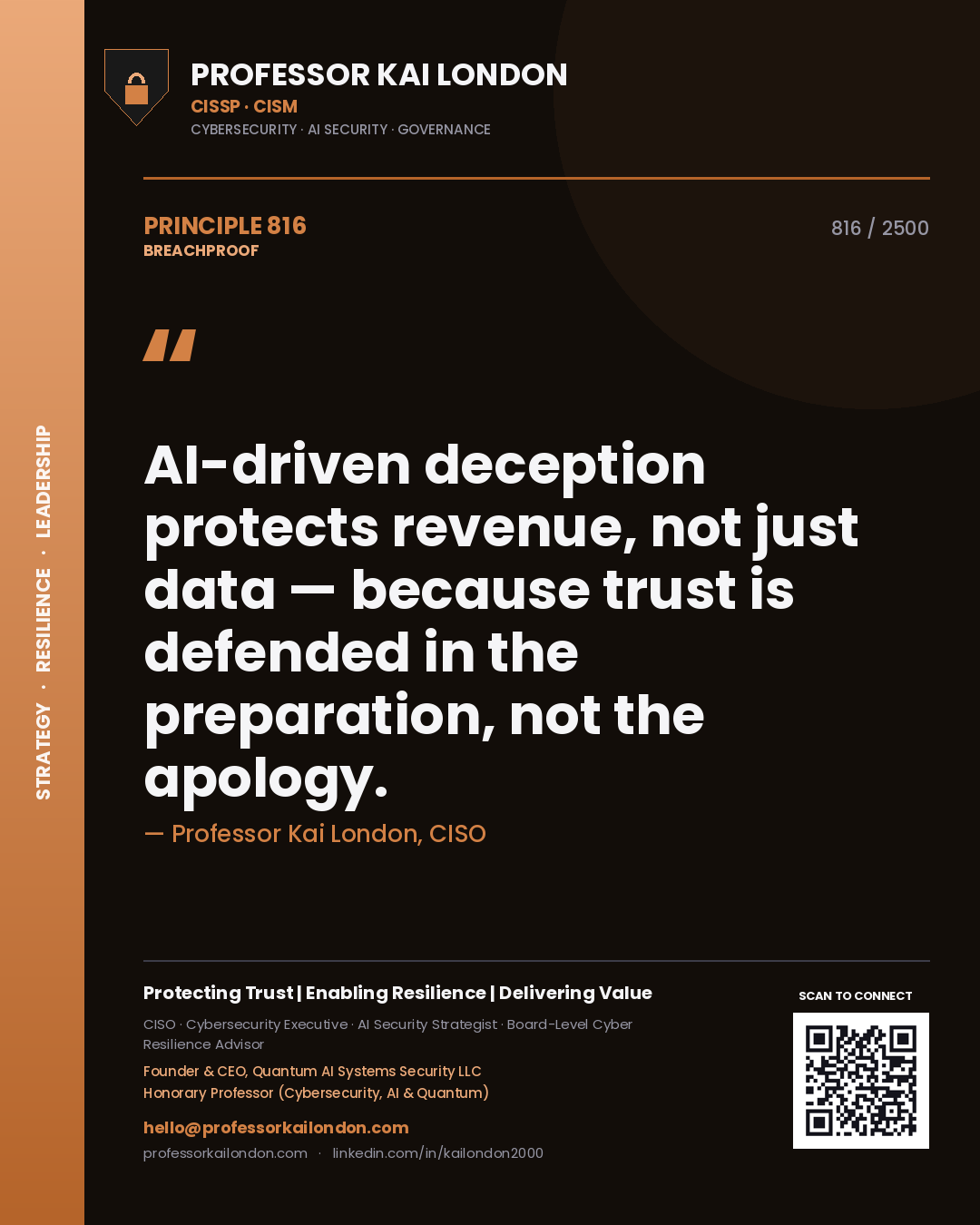 Professor Kai London principle 816: AI-driven deception protects revenue, not just data — because trust is defended in the preparation, not the apology.
