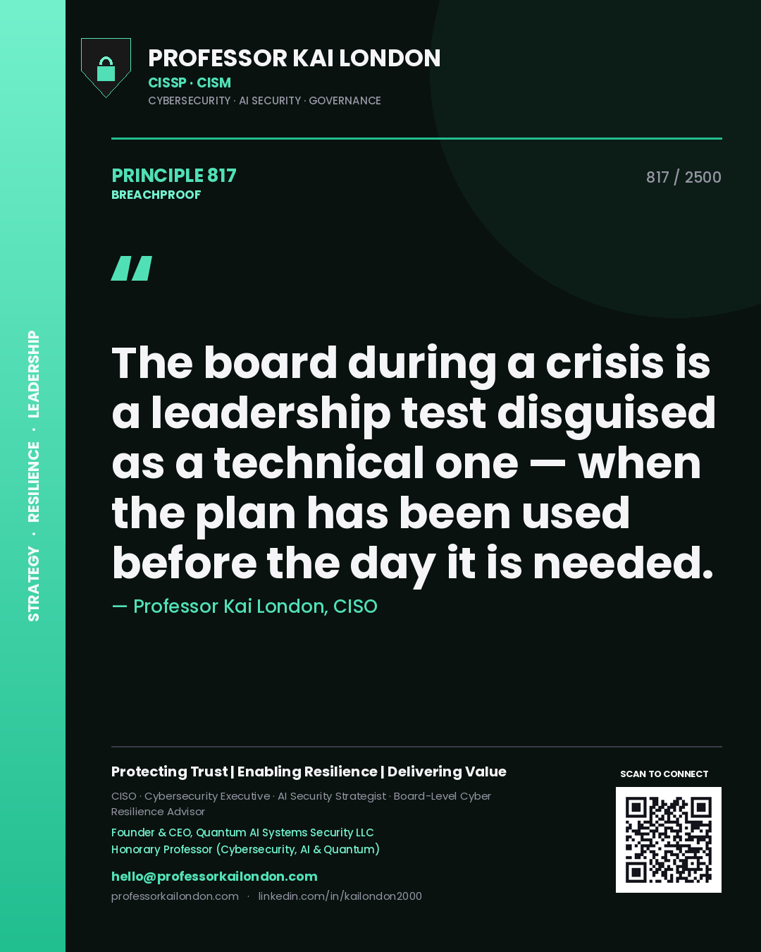 Professor Kai London principle 817: The board during a crisis is a leadership test disguised as a technical one — when the plan has been used before the day it is needed.