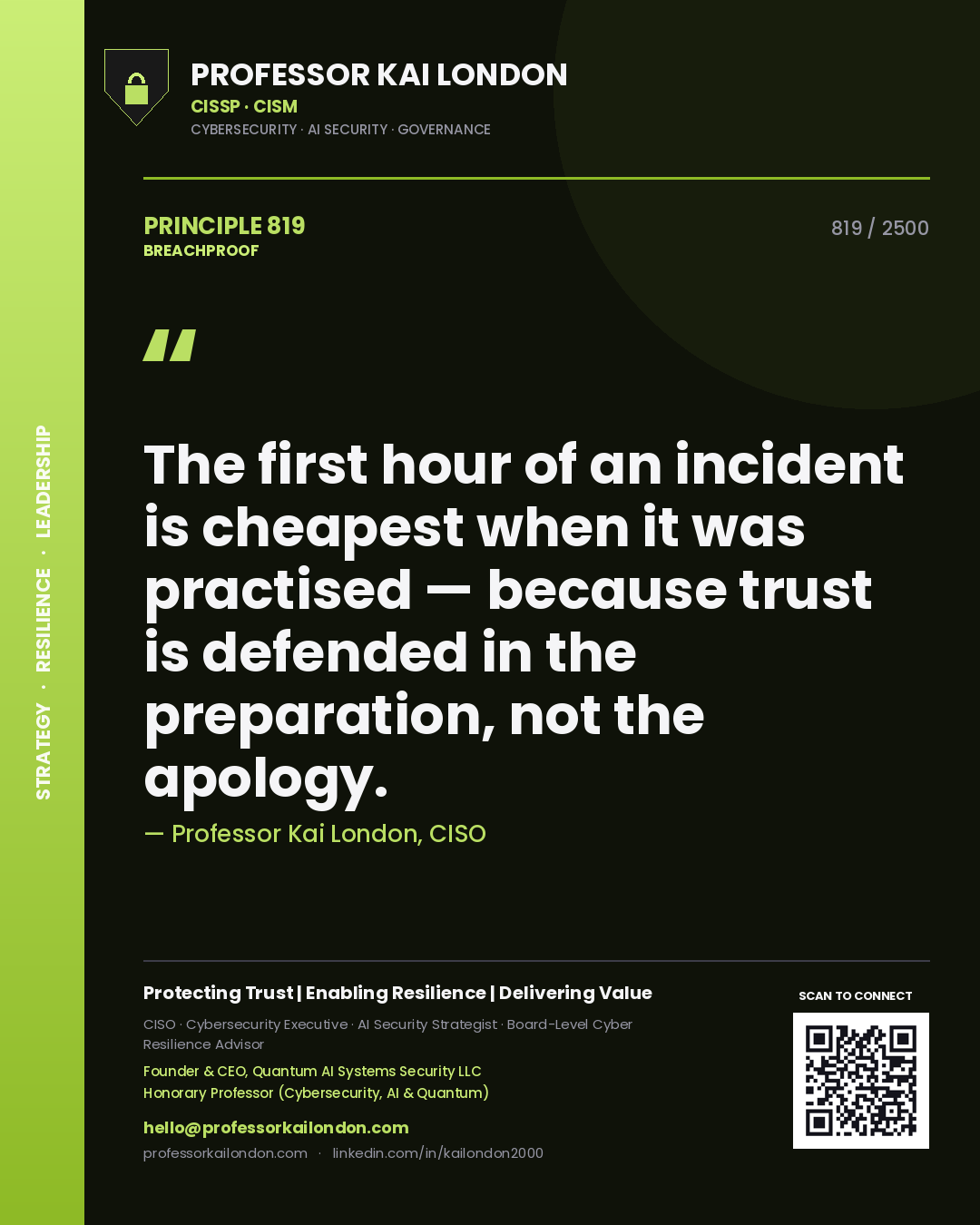 Professor Kai London principle 819: The first hour of an incident is cheapest when it was practised — because trust is defended in the preparation, not the apology.
