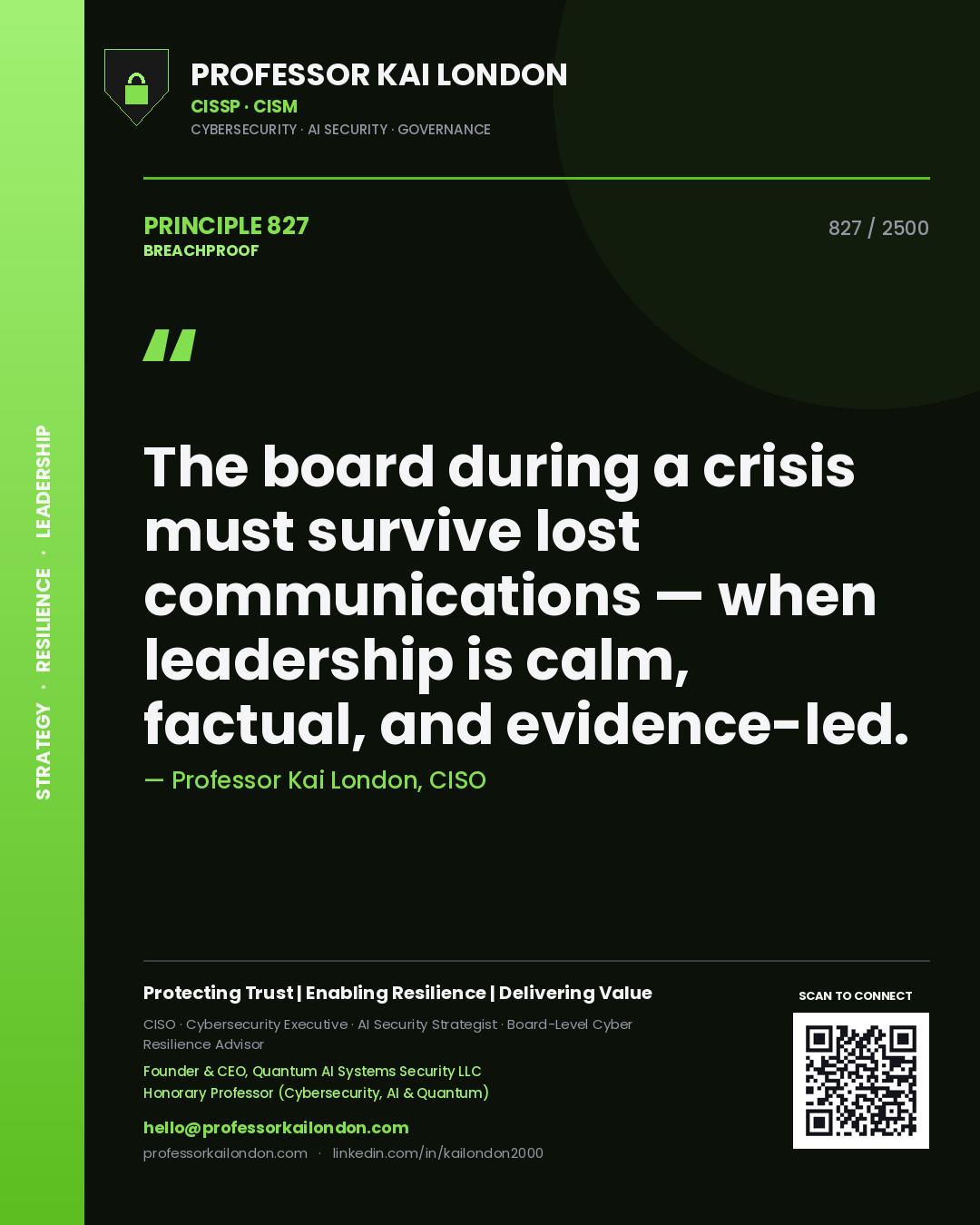 Professor Kai London principle 827: The board during a crisis must survive lost communications — when leadership is calm, factual, and evidence-led.