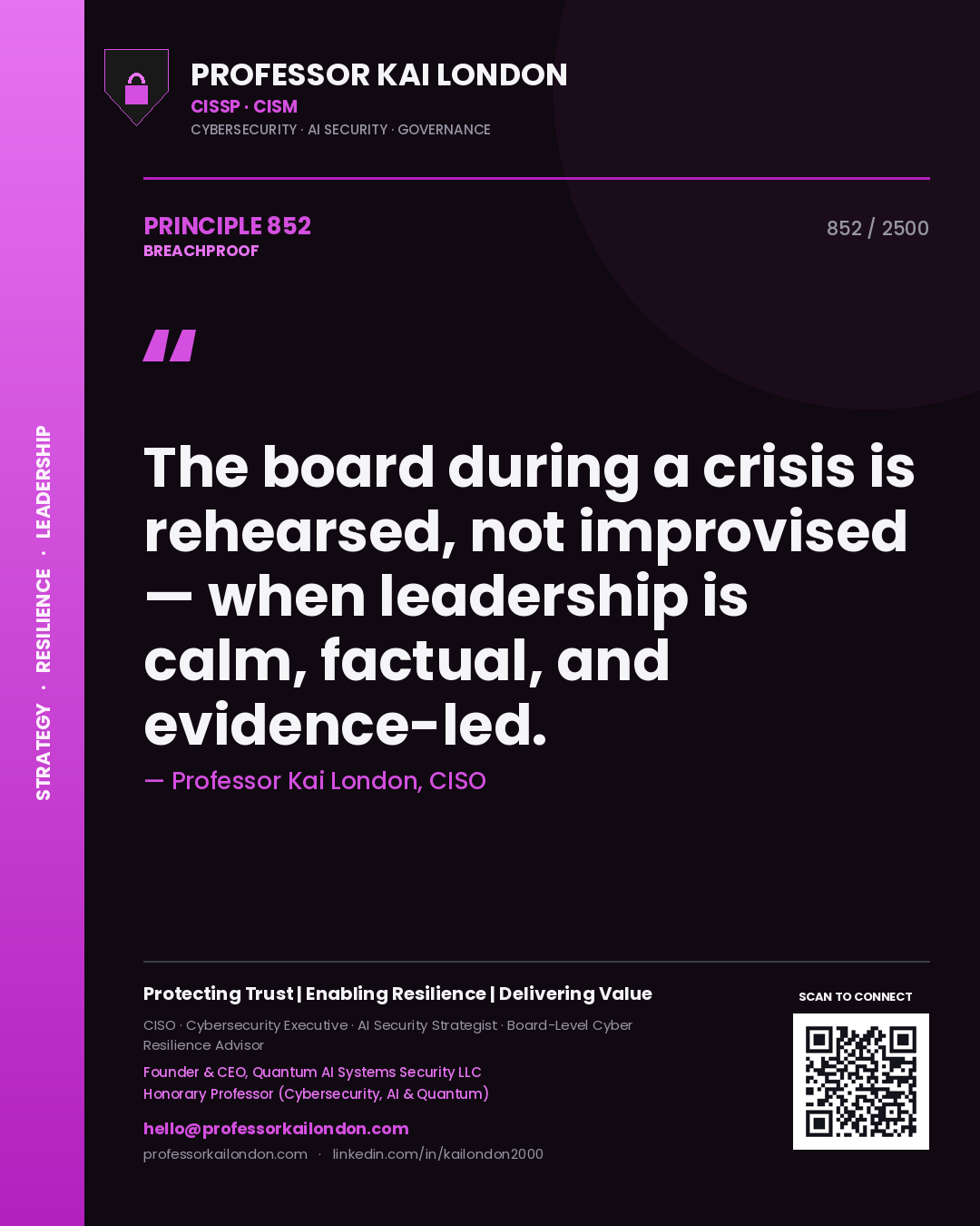 Professor Kai London principle 852: The board during a crisis is rehearsed, not improvised — when leadership is calm, factual, and evidence-led.