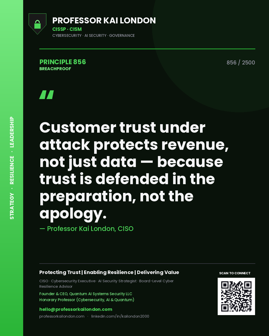 Professor Kai London principle 856: Customer trust under attack protects revenue, not just data — because trust is defended in the preparation, not the apology.