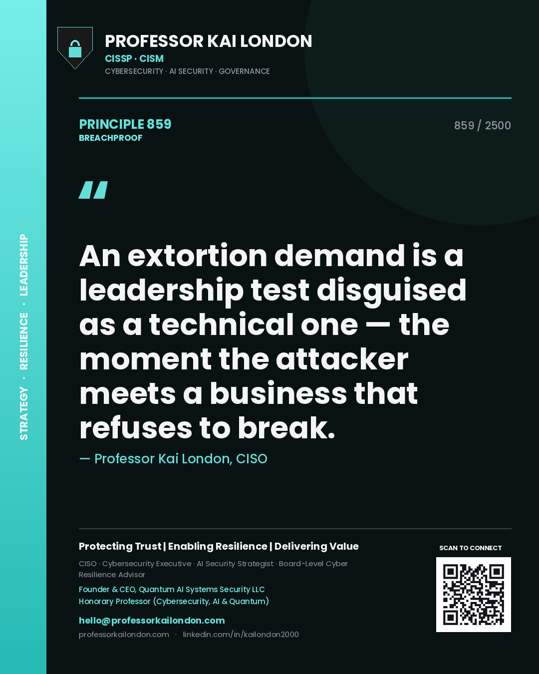 Professor Kai London principle 859: An extortion demand is a leadership test disguised as a technical one — the moment the attacker meets a business that refuses to break.