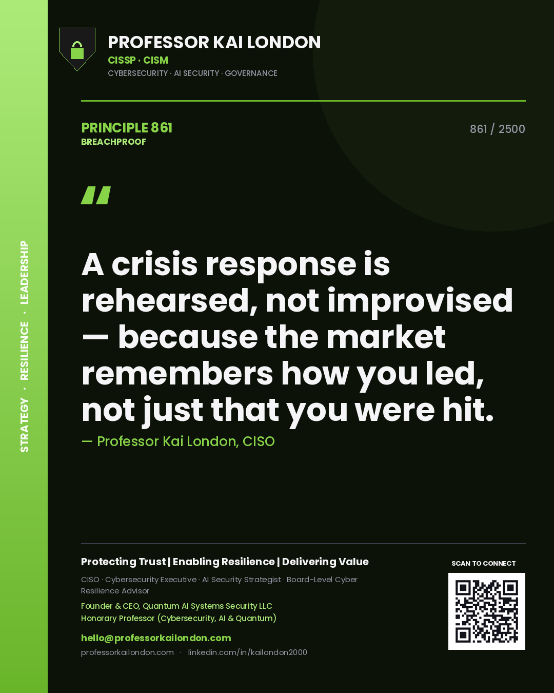 Professor Kai London principle 861: A crisis response is rehearsed, not improvised — because the market remembers how you led, not just that you were hit.