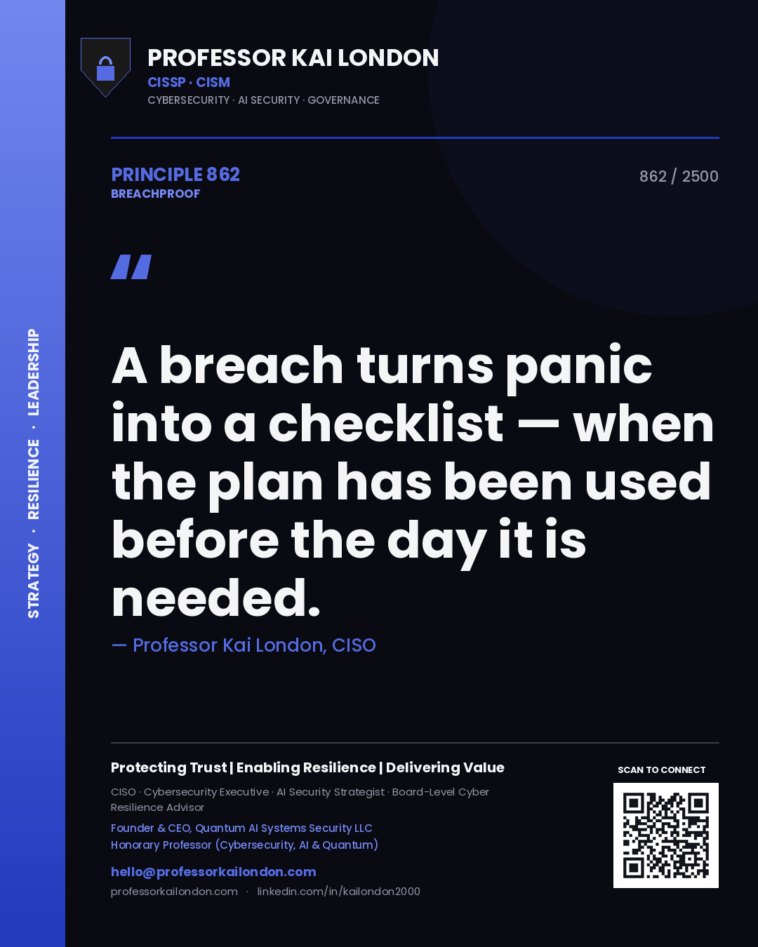 Professor Kai London principle 862: A breach turns panic into a checklist — when the plan has been used before the day it is needed.