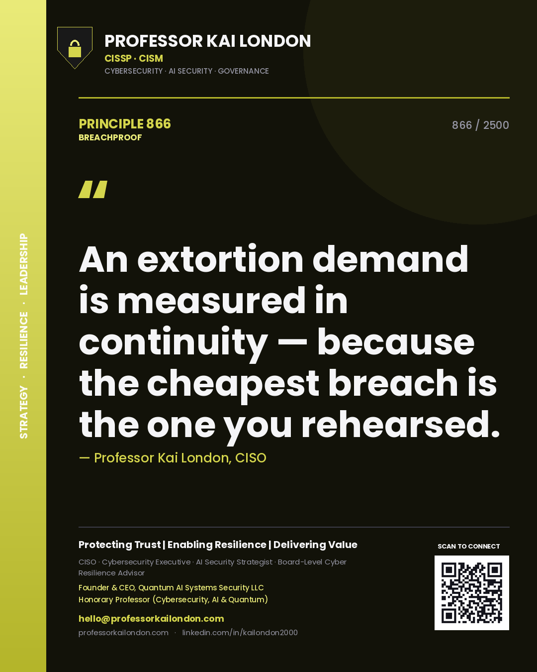 Professor Kai London principle 866: An extortion demand is measured in continuity — because the cheapest breach is the one you rehearsed.