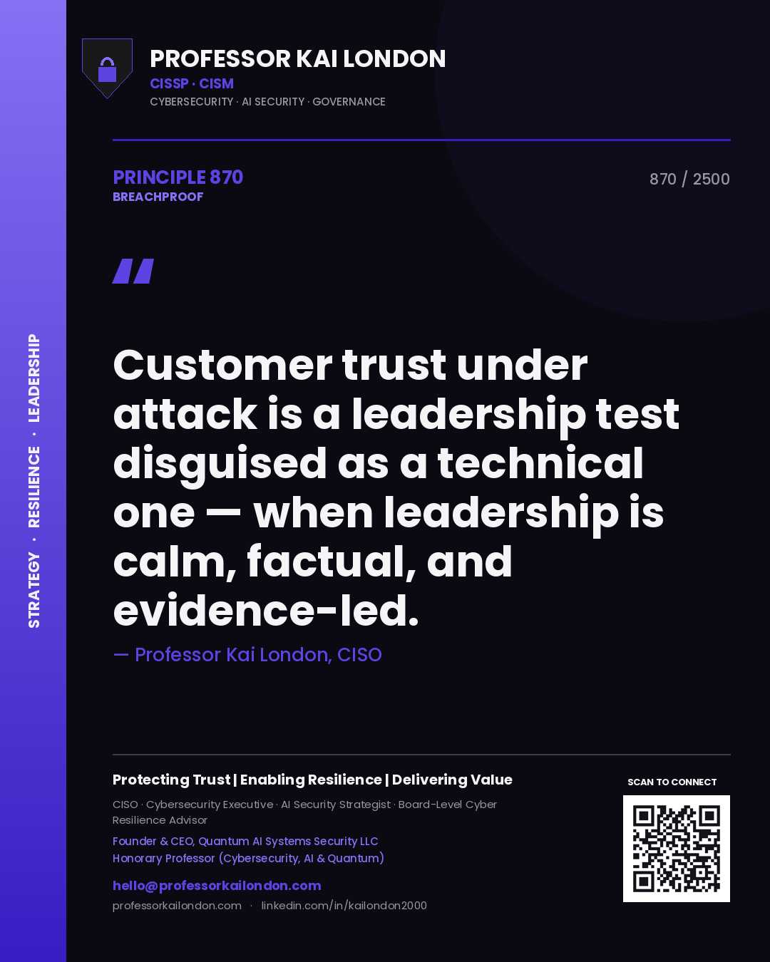 Professor Kai London principle 870: Customer trust under attack is a leadership test disguised as a technical one — when leadership is calm, factual, and evidence-led.