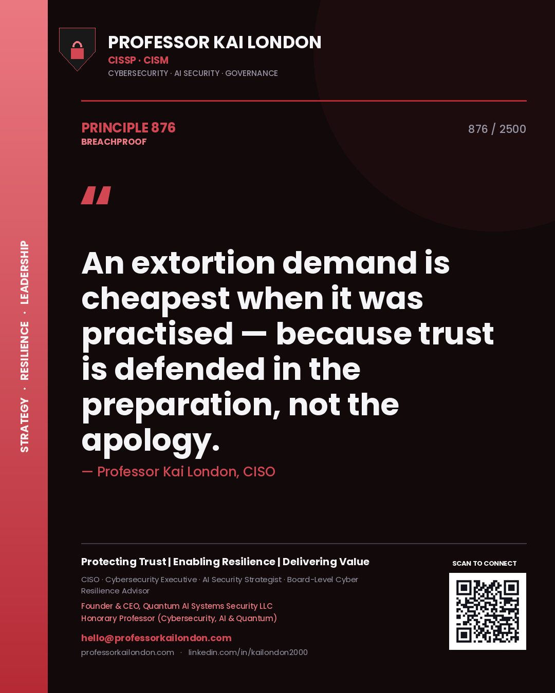 Professor Kai London principle 876: An extortion demand is cheapest when it was practised — because trust is defended in the preparation, not the apology.