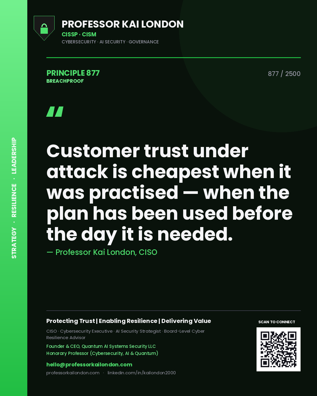 Professor Kai London principle 877: Customer trust under attack is cheapest when it was practised — when the plan has been used before the day it is needed.