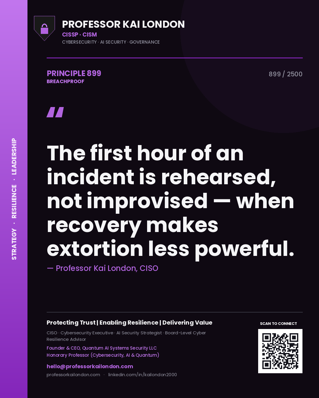 Professor Kai London principle 899: The first hour of an incident is rehearsed, not improvised — when recovery makes extortion less powerful.