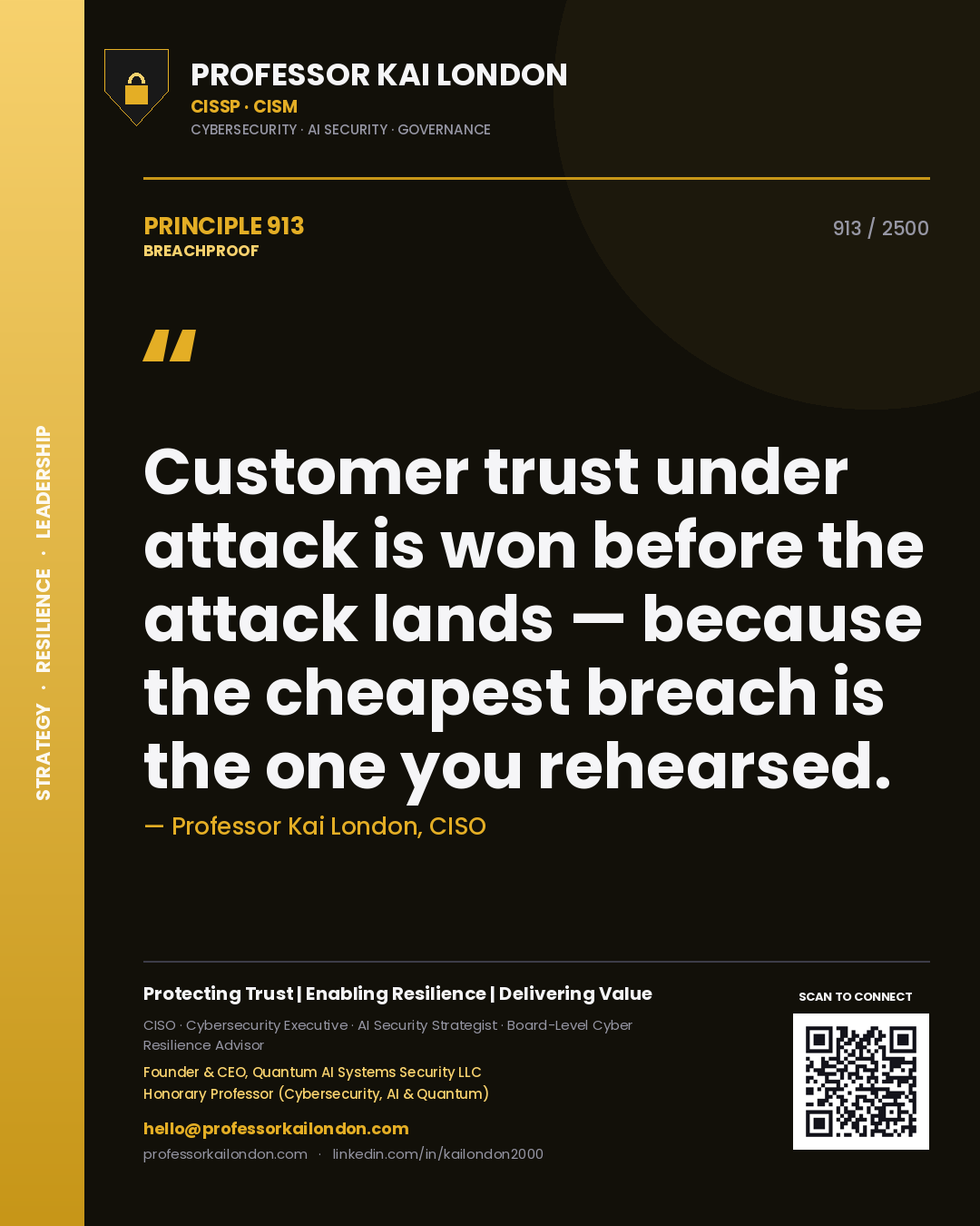 Professor Kai London principle 913: Customer trust under attack is won before the attack lands — because the cheapest breach is the one you rehearsed.