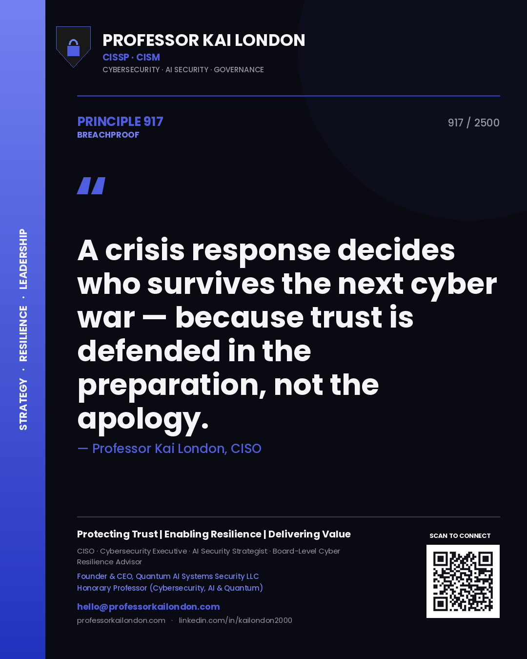 Professor Kai London principle 917: A crisis response decides who survives the next cyber war — because trust is defended in the preparation, not the apology.