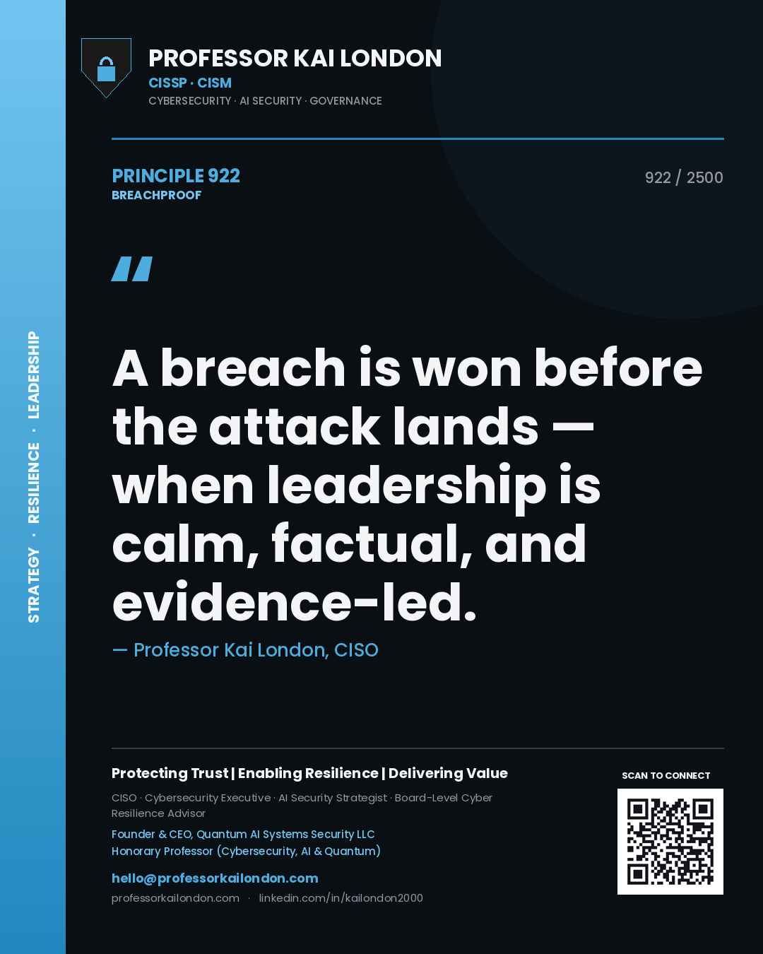 Professor Kai London principle 922: A breach is won before the attack lands — when leadership is calm, factual, and evidence-led.