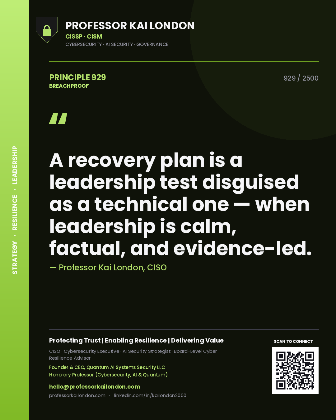 Professor Kai London principle 929: A recovery plan is a leadership test disguised as a technical one — when leadership is calm, factual, and evidence-led.