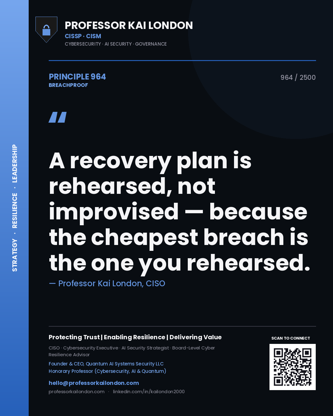 Professor Kai London principle 964: A recovery plan is rehearsed, not improvised — because the cheapest breach is the one you rehearsed.