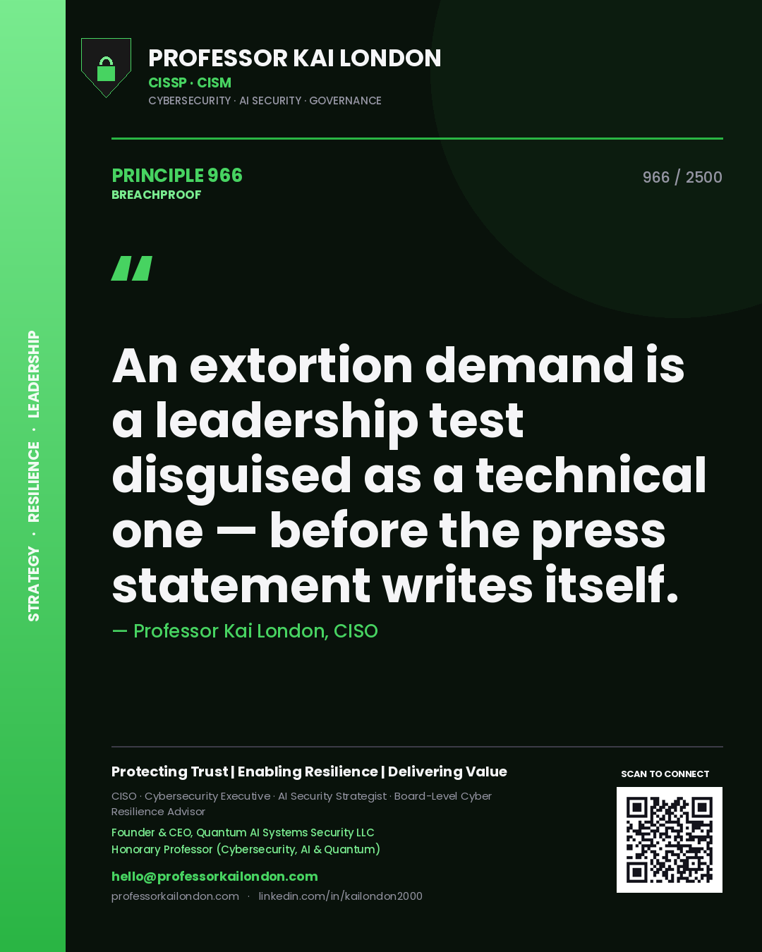 Professor Kai London principle 966: An extortion demand is a leadership test disguised as a technical one — before the press statement writes itself.