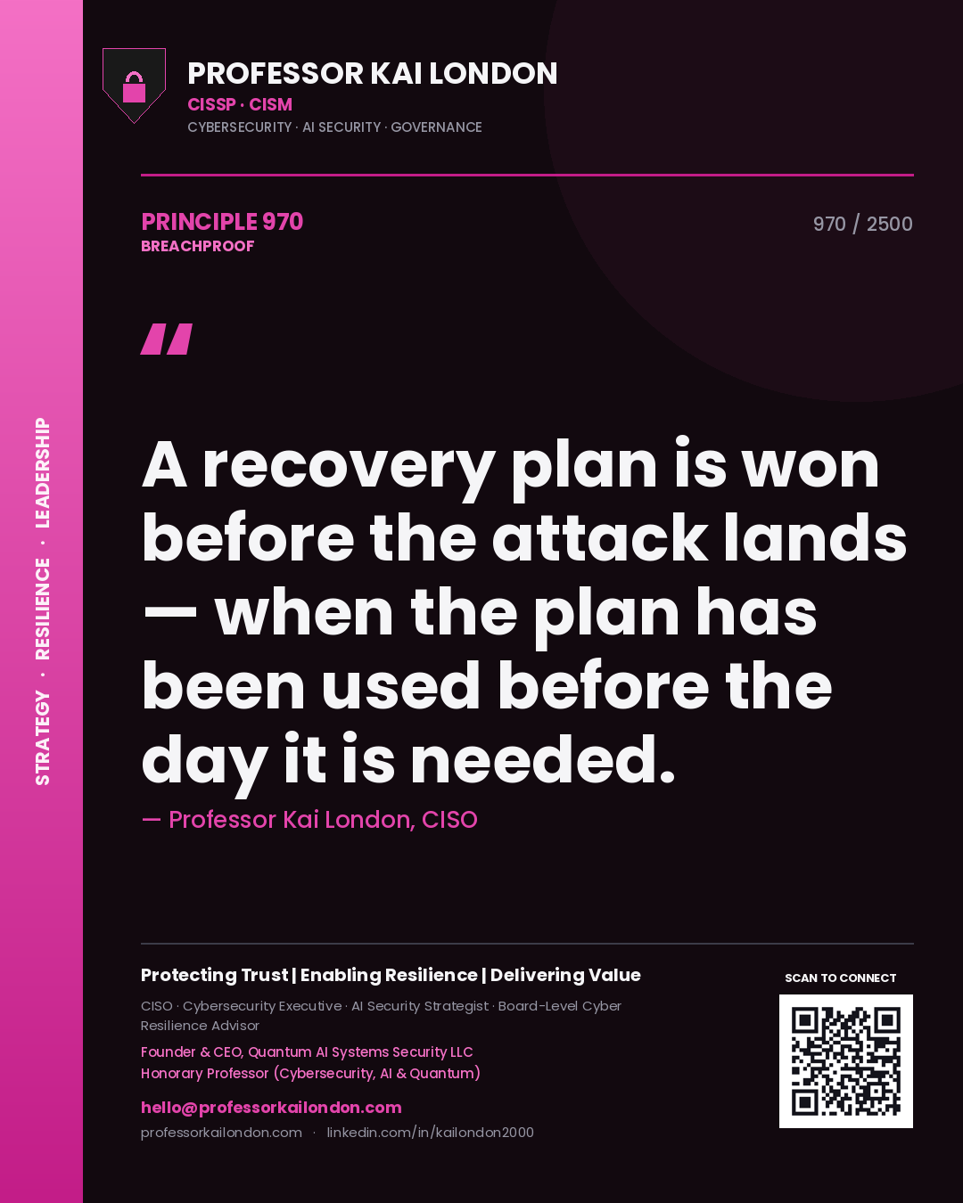 Professor Kai London principle 970: A recovery plan is won before the attack lands — when the plan has been used before the day it is needed.