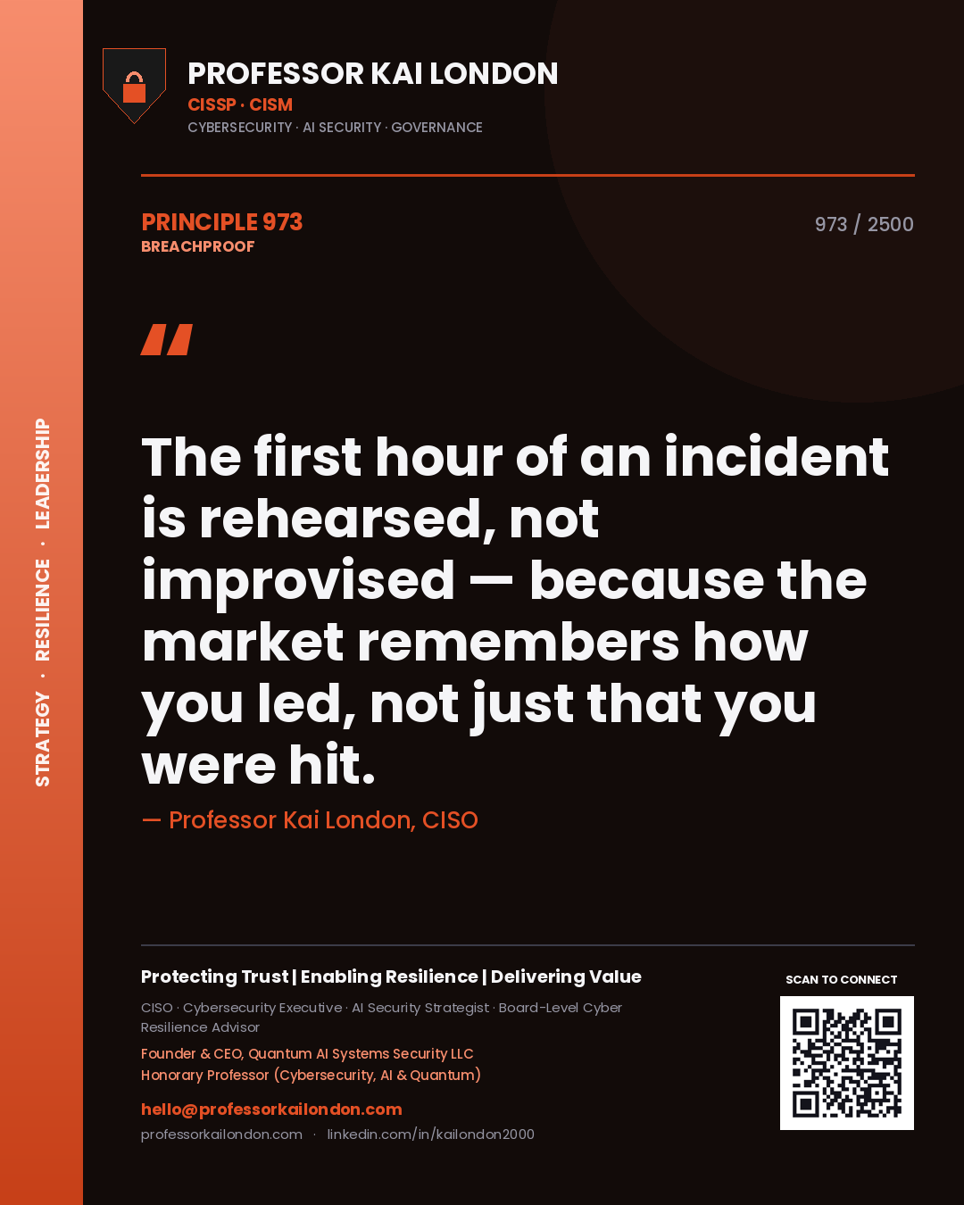 Professor Kai London principle 973: The first hour of an incident is rehearsed, not improvised — because the market remembers how you led, not just that you were hit.