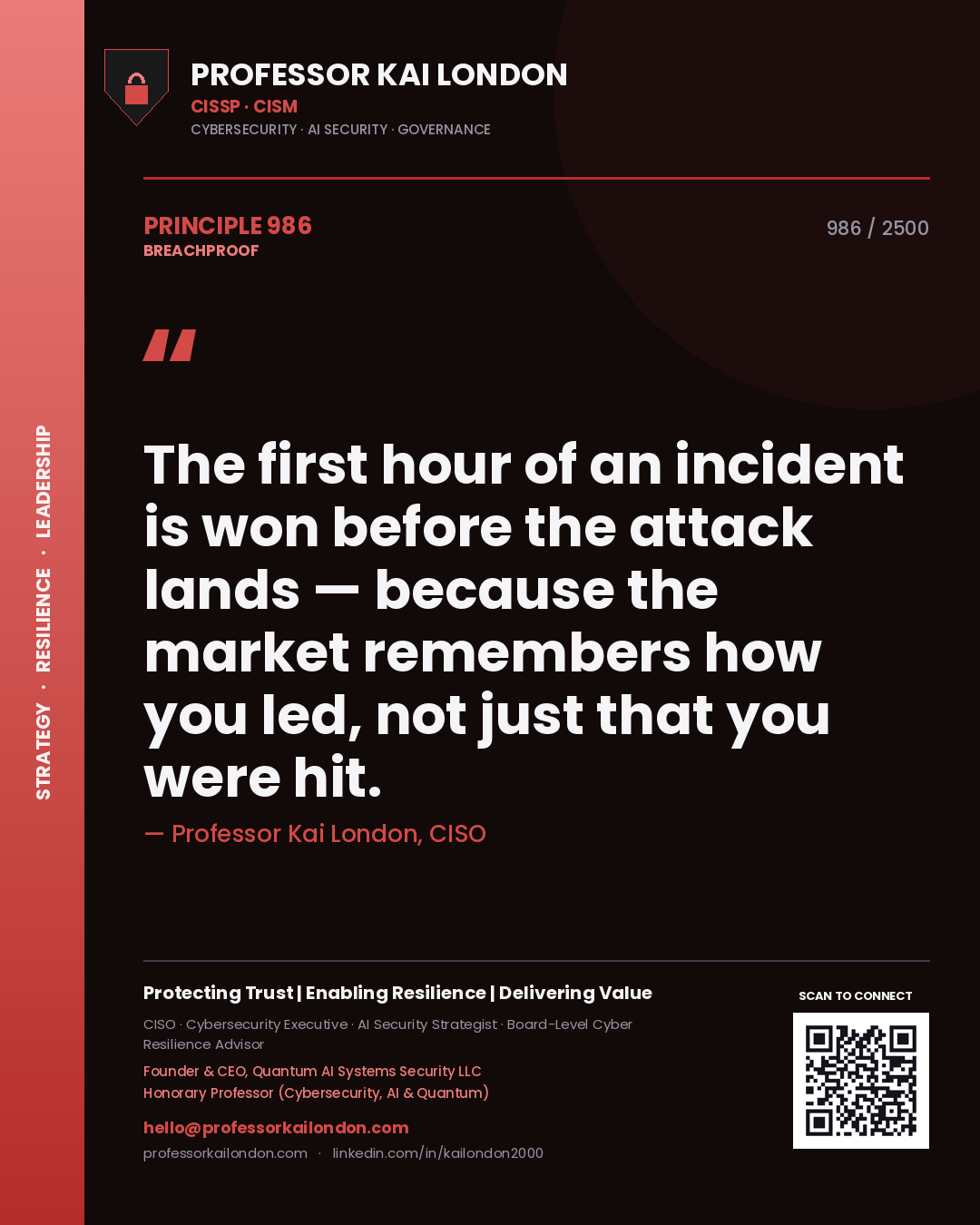 Professor Kai London principle 986: The first hour of an incident is won before the attack lands — because the market remembers how you led, not just that you were hit.