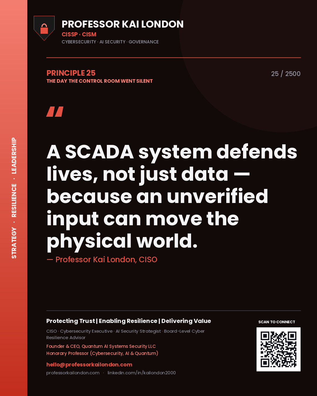 Professor Kai London principle 25: A SCADA system defends lives, not just data — because an unverified input can move the physical world.