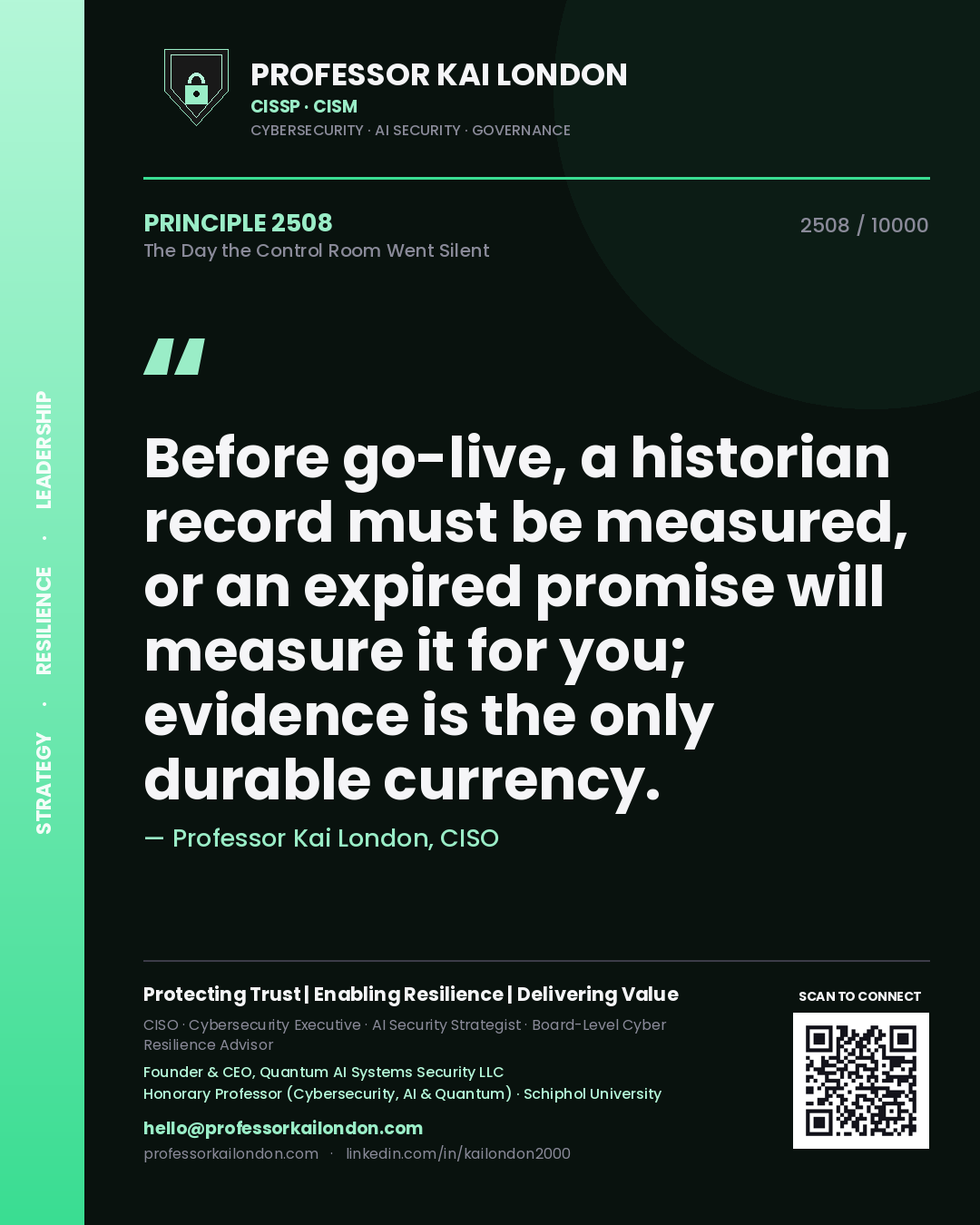 Professor Kai London principle 2508: Before go-live, a historian record must be measured, or an expired promise will measure it for you; evidence is the only durable currency.