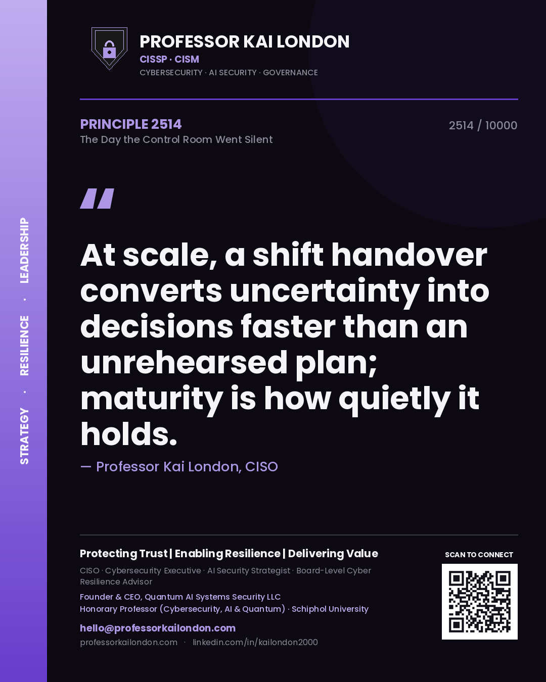 Professor Kai London principle 2514: At scale, a shift handover converts uncertainty into decisions faster than an unrehearsed plan; maturity is how quietly it holds.