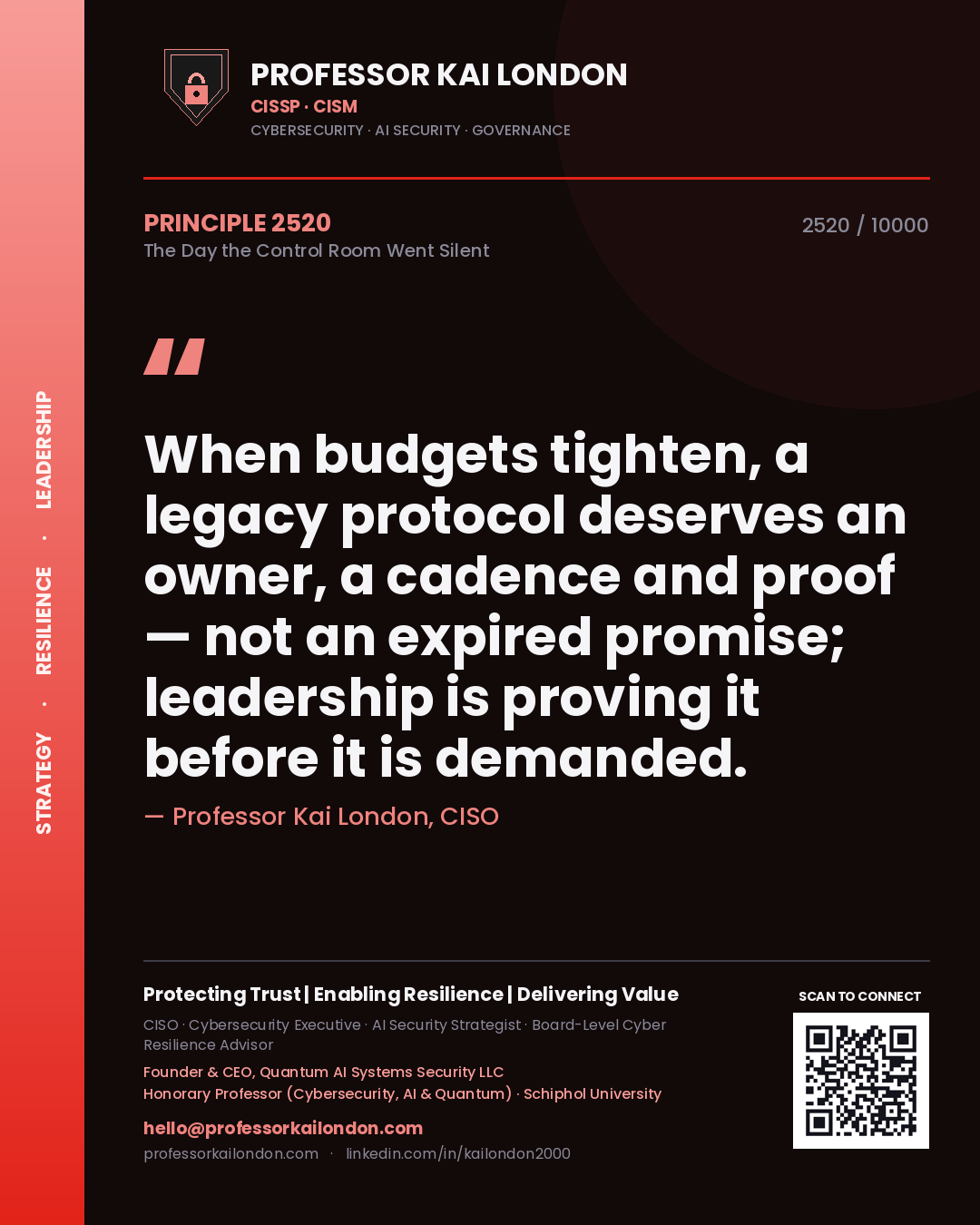 Professor Kai London principle 2520: When budgets tighten, a legacy protocol deserves an owner, a cadence and proof — not an expired promise; leadership is proving it before it is demanded.