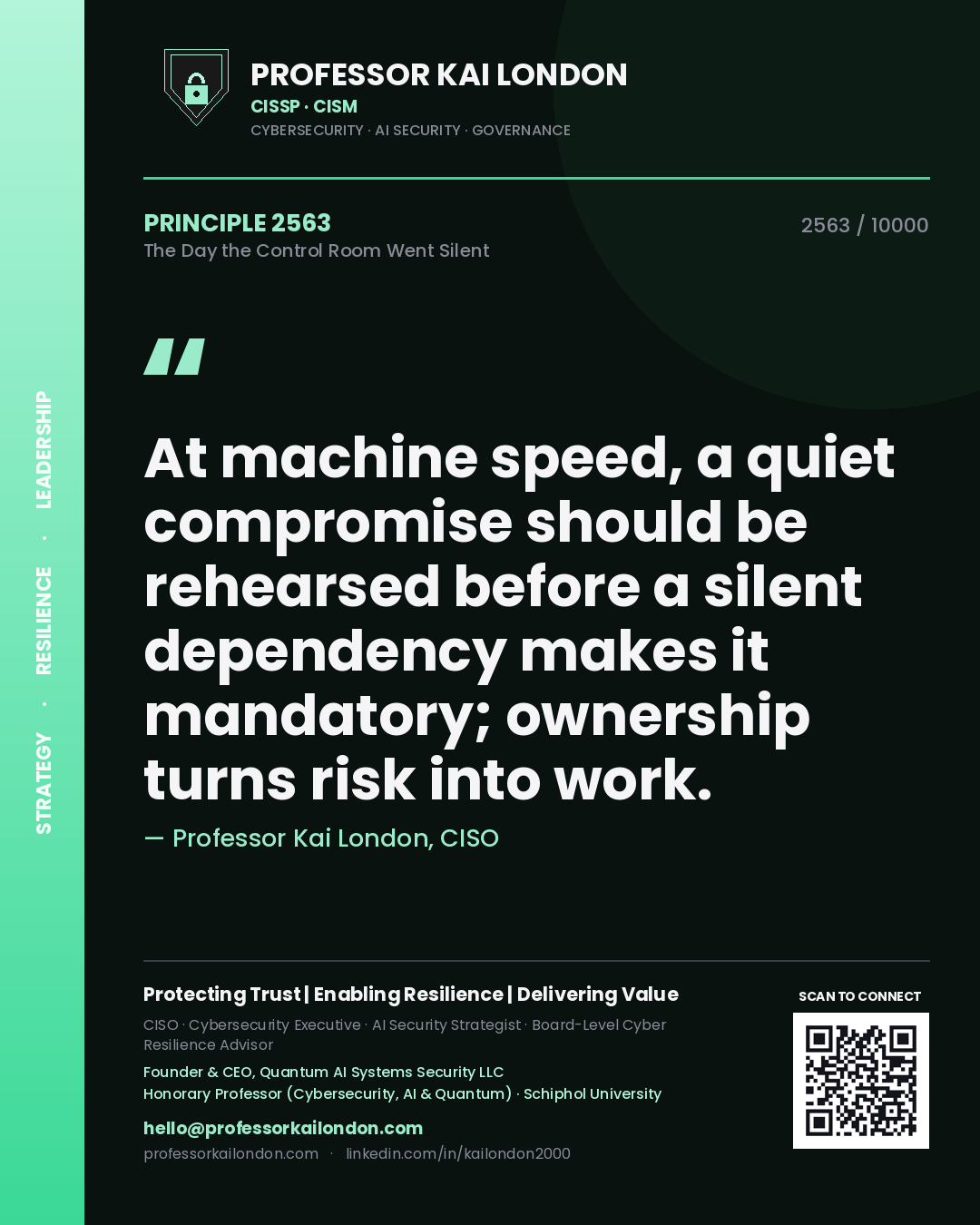 Professor Kai London principle 2563: At machine speed, a quiet compromise should be rehearsed before a silent dependency makes it mandatory; ownership turns risk into work.