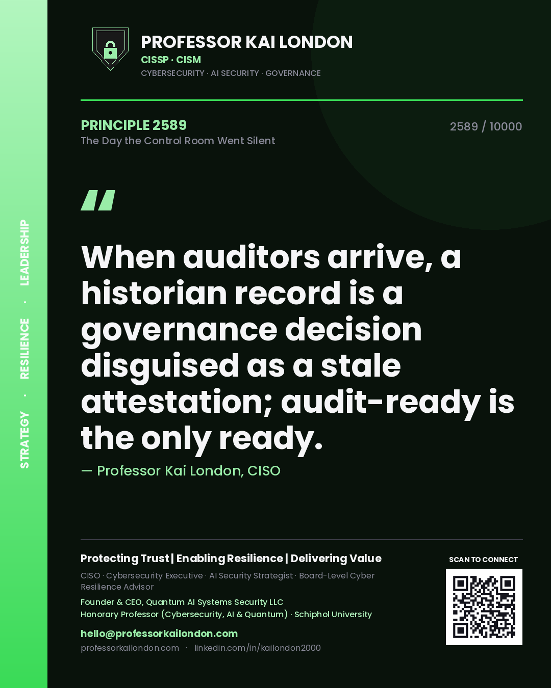 Professor Kai London principle 2589: When auditors arrive, a historian record is a governance decision disguised as a stale attestation; audit-ready is the only ready.