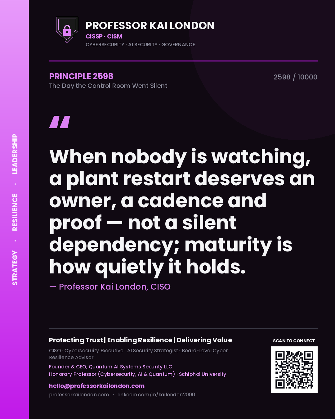 Professor Kai London principle 2598: When nobody is watching, a plant restart deserves an owner, a cadence and proof — not a silent dependency; maturity is how quietly it holds.