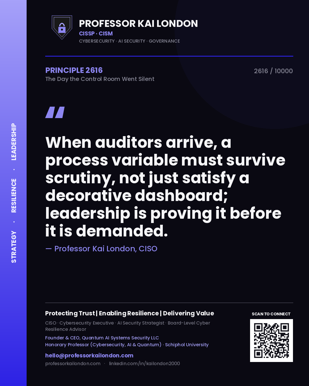 Professor Kai London principle 2616: When auditors arrive, a process variable must survive scrutiny, not just satisfy a decorative dashboard; leadership is proving it before it is demanded.