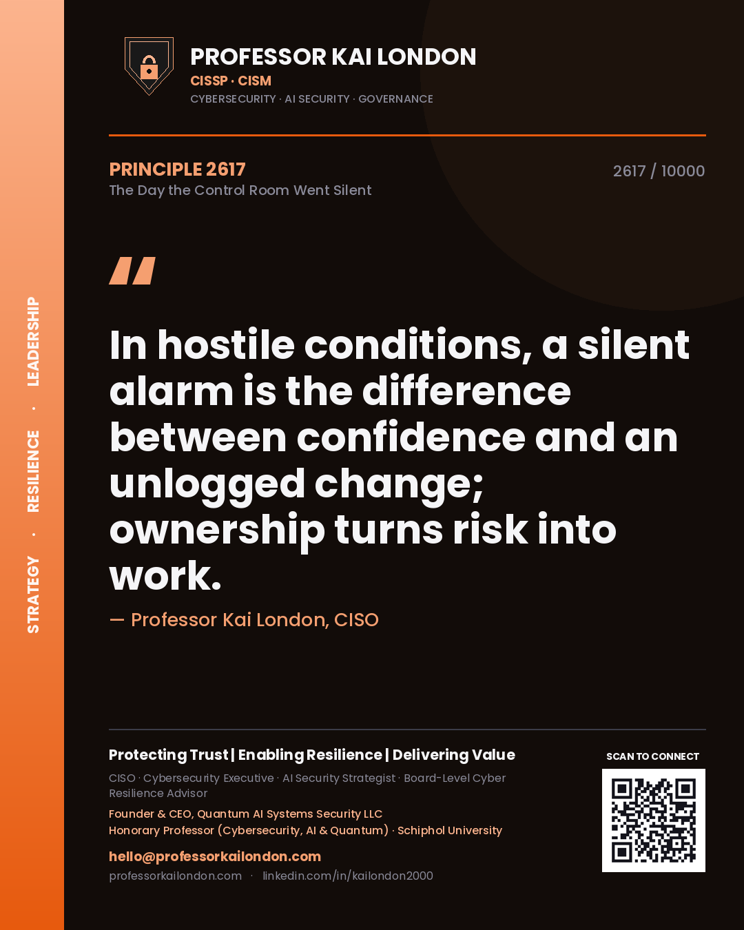 Professor Kai London principle 2617: In hostile conditions, a silent alarm is the difference between confidence and an unlogged change; ownership turns risk into work.