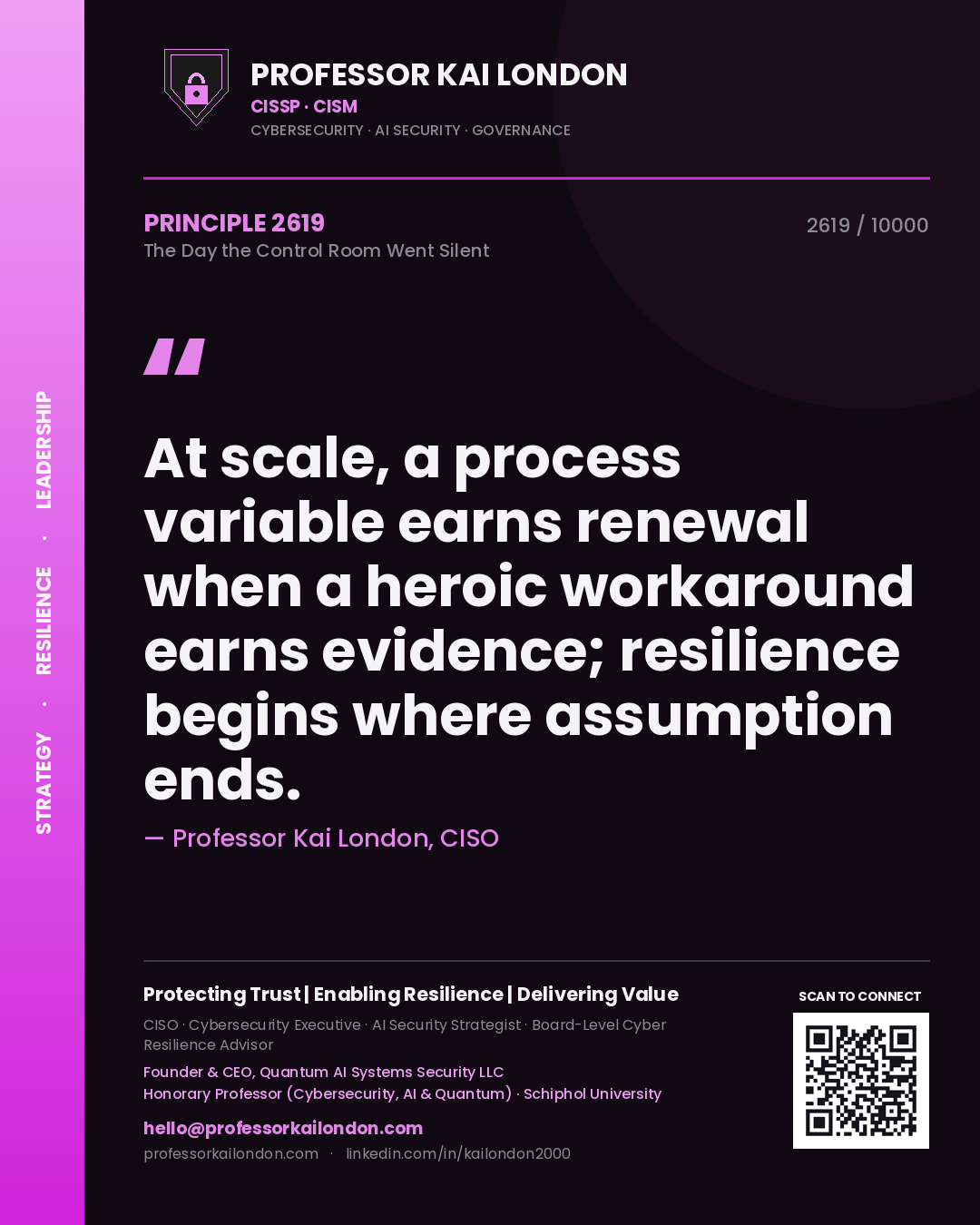 Professor Kai London principle 2619: At scale, a process variable earns renewal when a heroic workaround earns evidence; resilience begins where assumption ends.