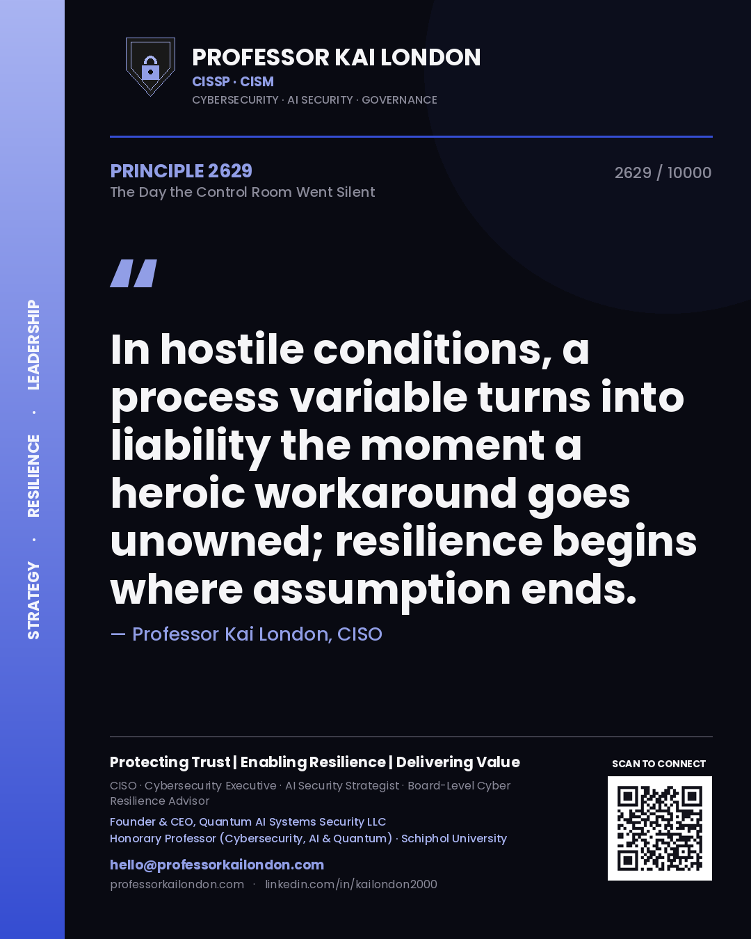 Professor Kai London principle 2629: In hostile conditions, a process variable turns into liability the moment a heroic workaround goes unowned; resilience begins where assumption ends.