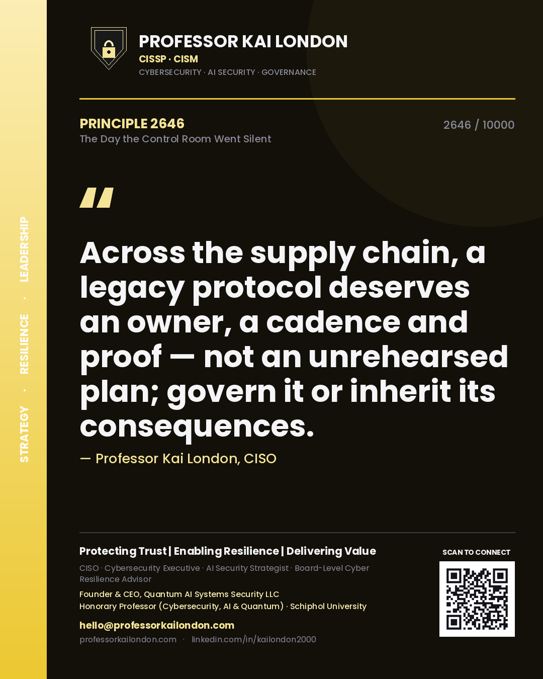 Professor Kai London principle 2646: Across the supply chain, a legacy protocol deserves an owner, a cadence and proof — not an unrehearsed plan; govern it or inherit its consequences.