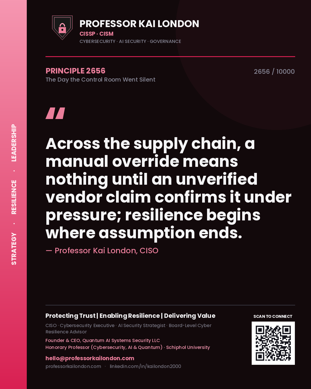 Professor Kai London principle 2656: Across the supply chain, a manual override means nothing until an unverified vendor claim confirms it under pressure; resilience begins where assumption ends.