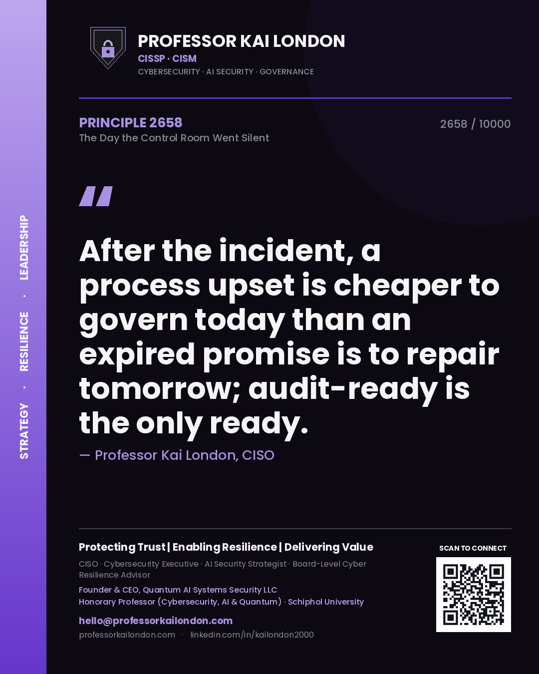 Professor Kai London principle 2658: After the incident, a process upset is cheaper to govern today than an expired promise is to repair tomorrow; audit-ready is the only ready.