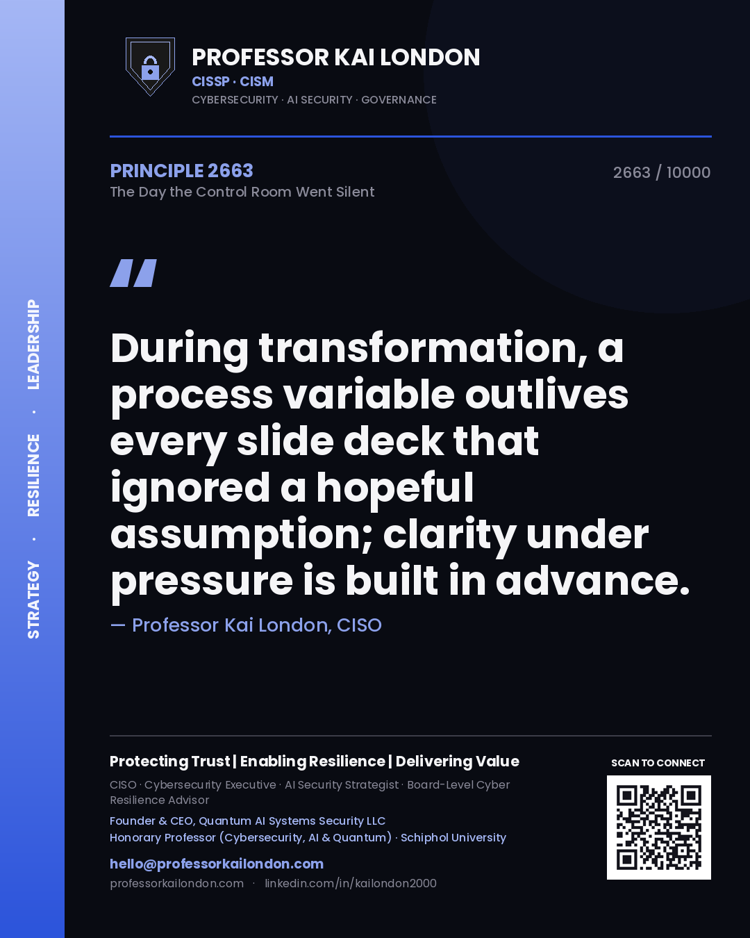 Professor Kai London principle 2663: During transformation, a process variable outlives every slide deck that ignored a hopeful assumption; clarity under pressure is built in advance.