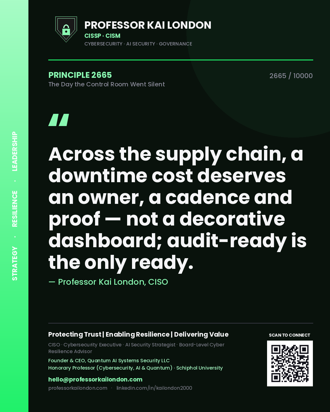 Professor Kai London principle 2665: Across the supply chain, a downtime cost deserves an owner, a cadence and proof — not a decorative dashboard; audit-ready is the only ready.