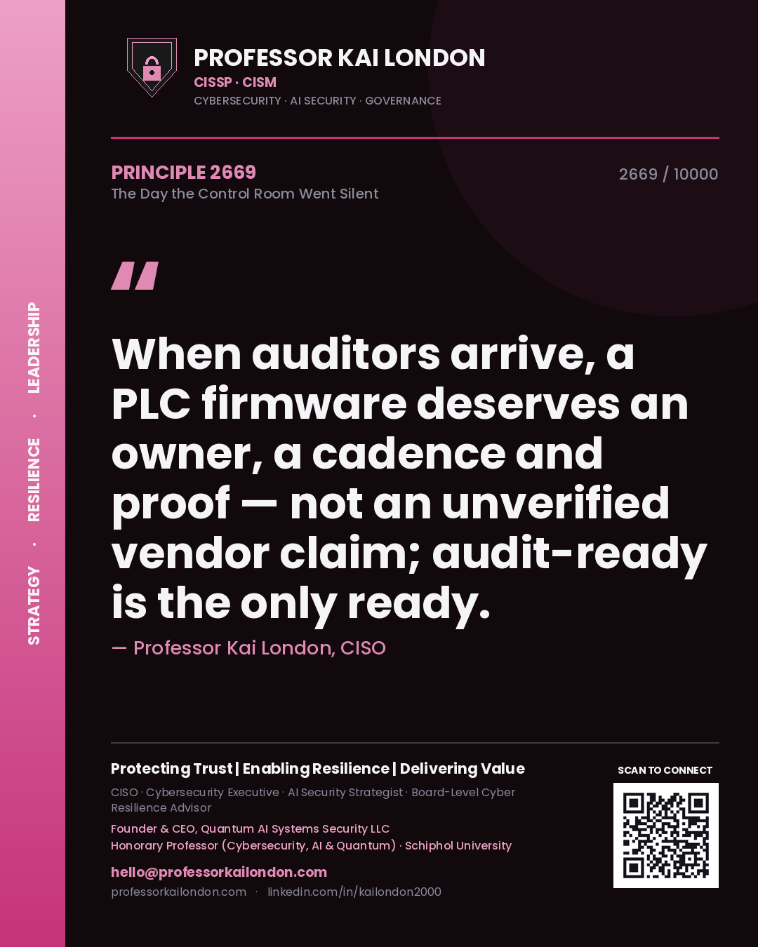 Professor Kai London principle 2669: When auditors arrive, a PLC firmware deserves an owner, a cadence and proof — not an unverified vendor claim; audit-ready is the only ready.