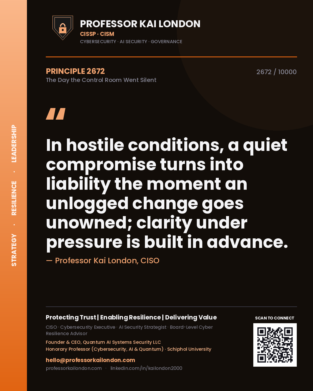 Professor Kai London principle 2672: In hostile conditions, a quiet compromise turns into liability the moment an unlogged change goes unowned; clarity under pressure is built in advance.