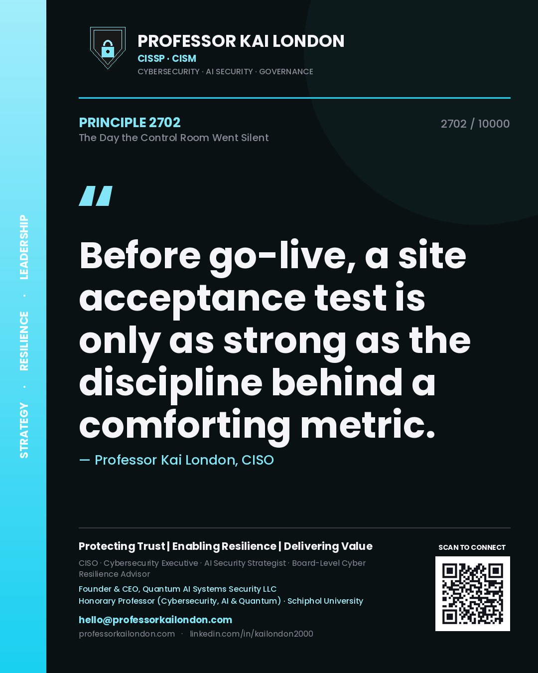 Professor Kai London principle 2702: Before go-live, a site acceptance test is only as strong as the discipline behind a comforting metric.