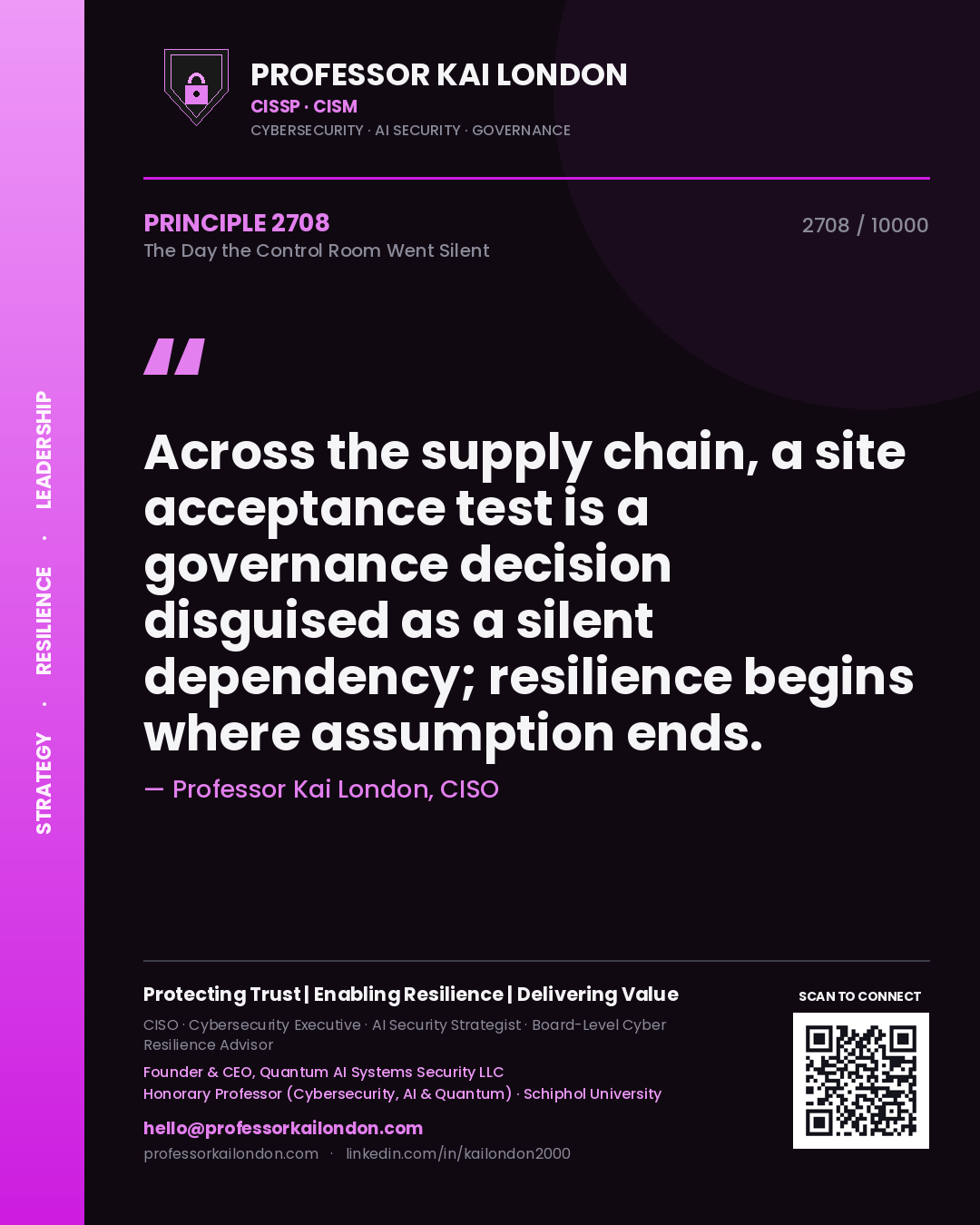 Professor Kai London principle 2708: Across the supply chain, a site acceptance test is a governance decision disguised as a silent dependency; resilience begins where assumption ends.
