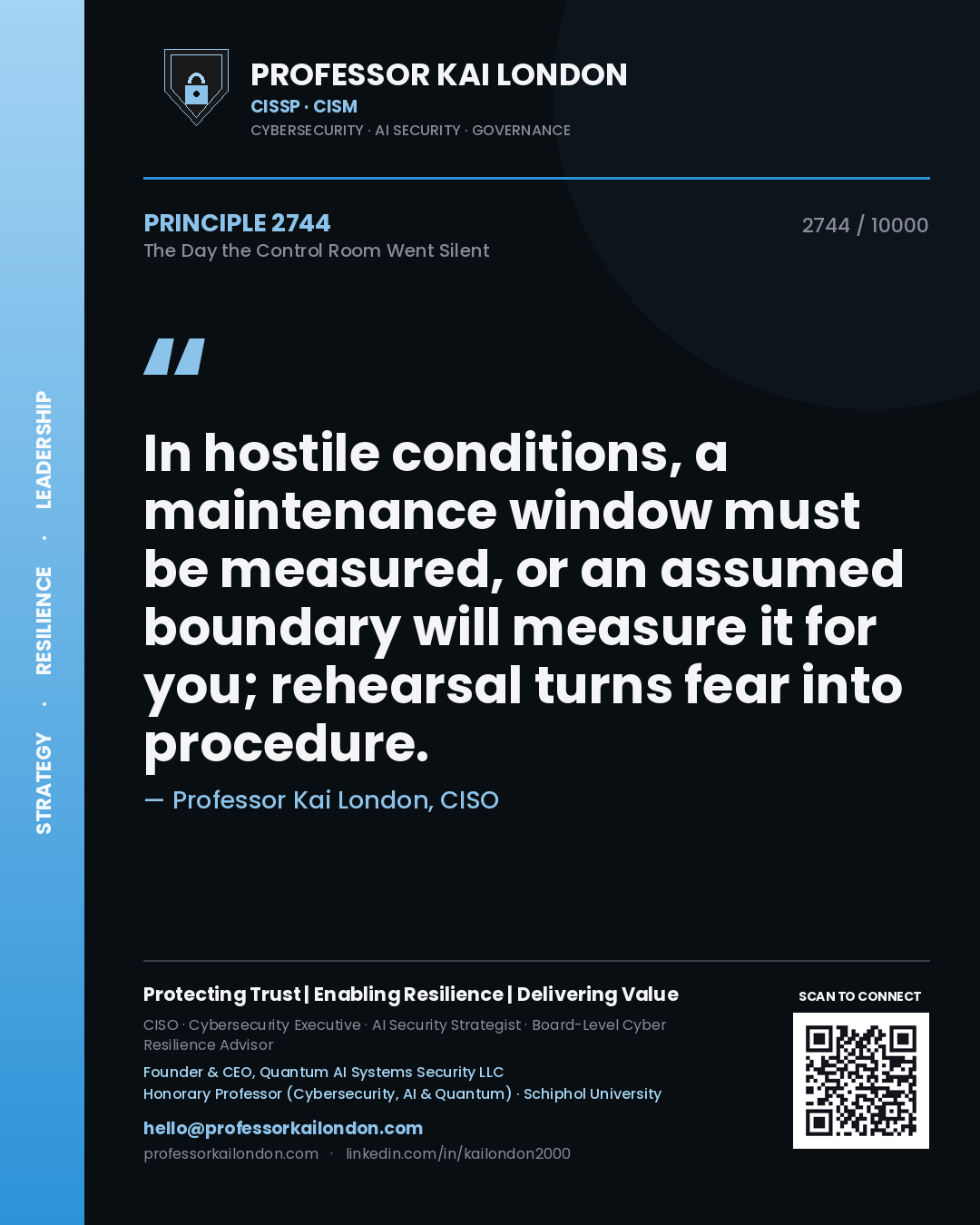 Professor Kai London principle 2744: In hostile conditions, a maintenance window must be measured, or an assumed boundary will measure it for you; rehearsal turns fear into procedure.