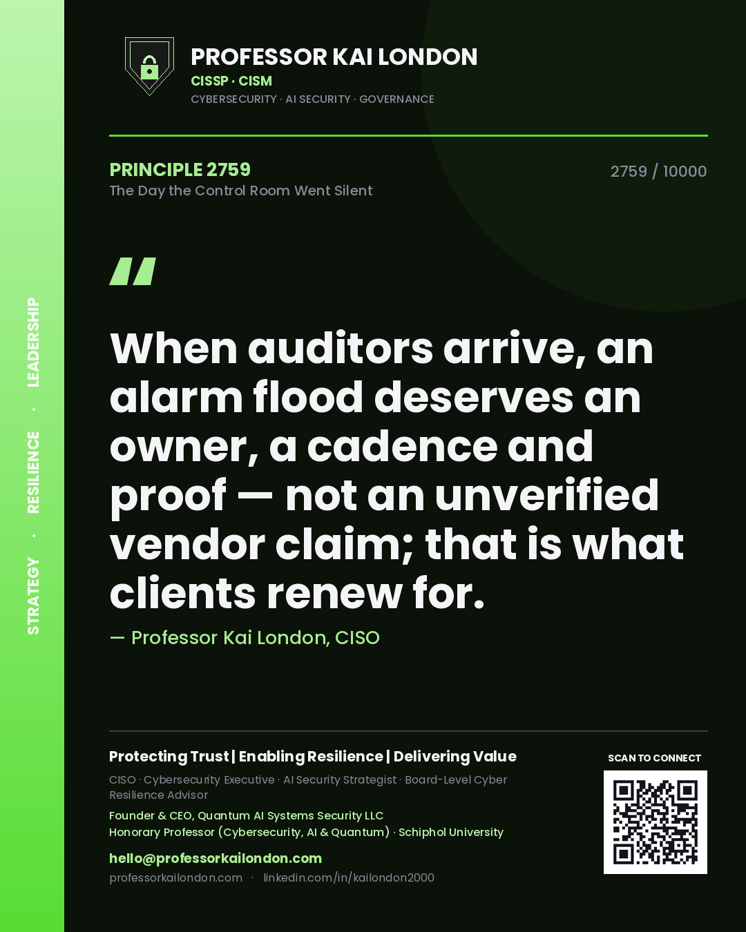Professor Kai London principle 2759: When auditors arrive, an alarm flood deserves an owner, a cadence and proof — not an unverified vendor claim; that is what clients renew for.